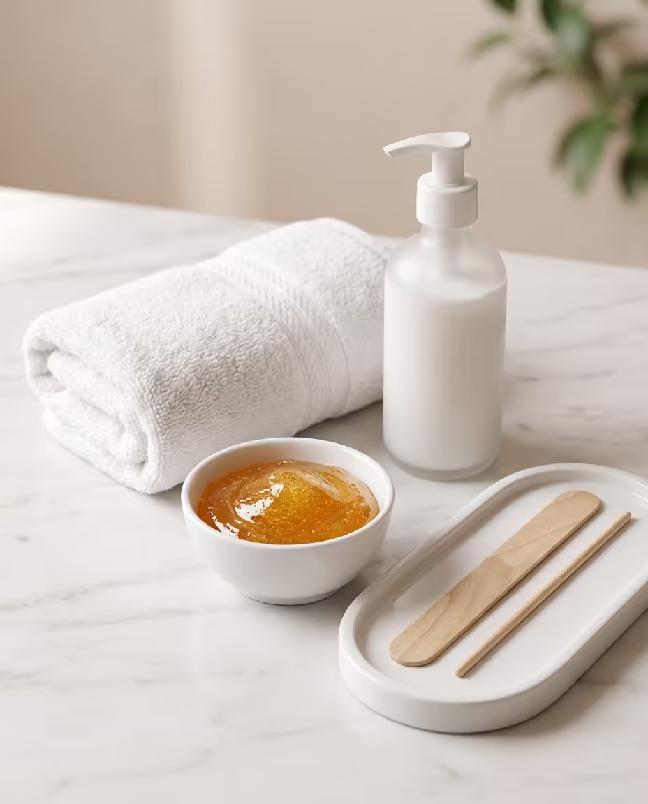 Konzept: Zuckerpaste für die komplette Gesichtsenthaarung, zwei Holzspatel und Aftercare-Pflegeprodukte