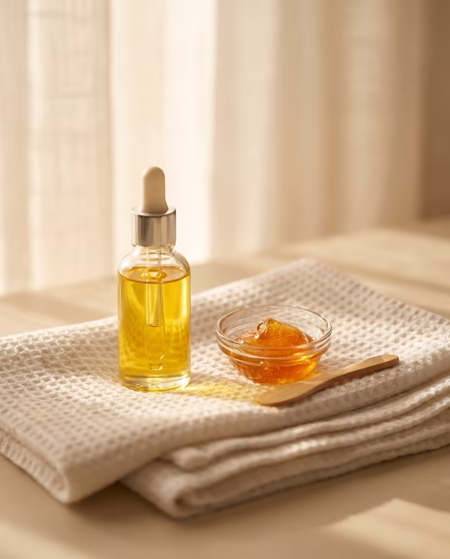 Konzept für Kinn-Sugaring: Mini-Spatel, Zuckerpaste und beruhigendes Pflegeöl