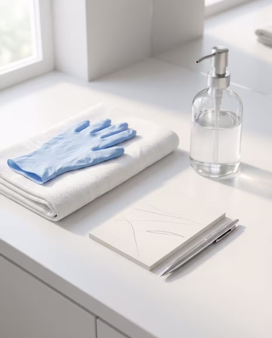 Hygienische Vorbereitung für das Bikini Deep Sugaring: sauberes Handtuch, Wattepad, Handschuhe und Pflegeprodukte