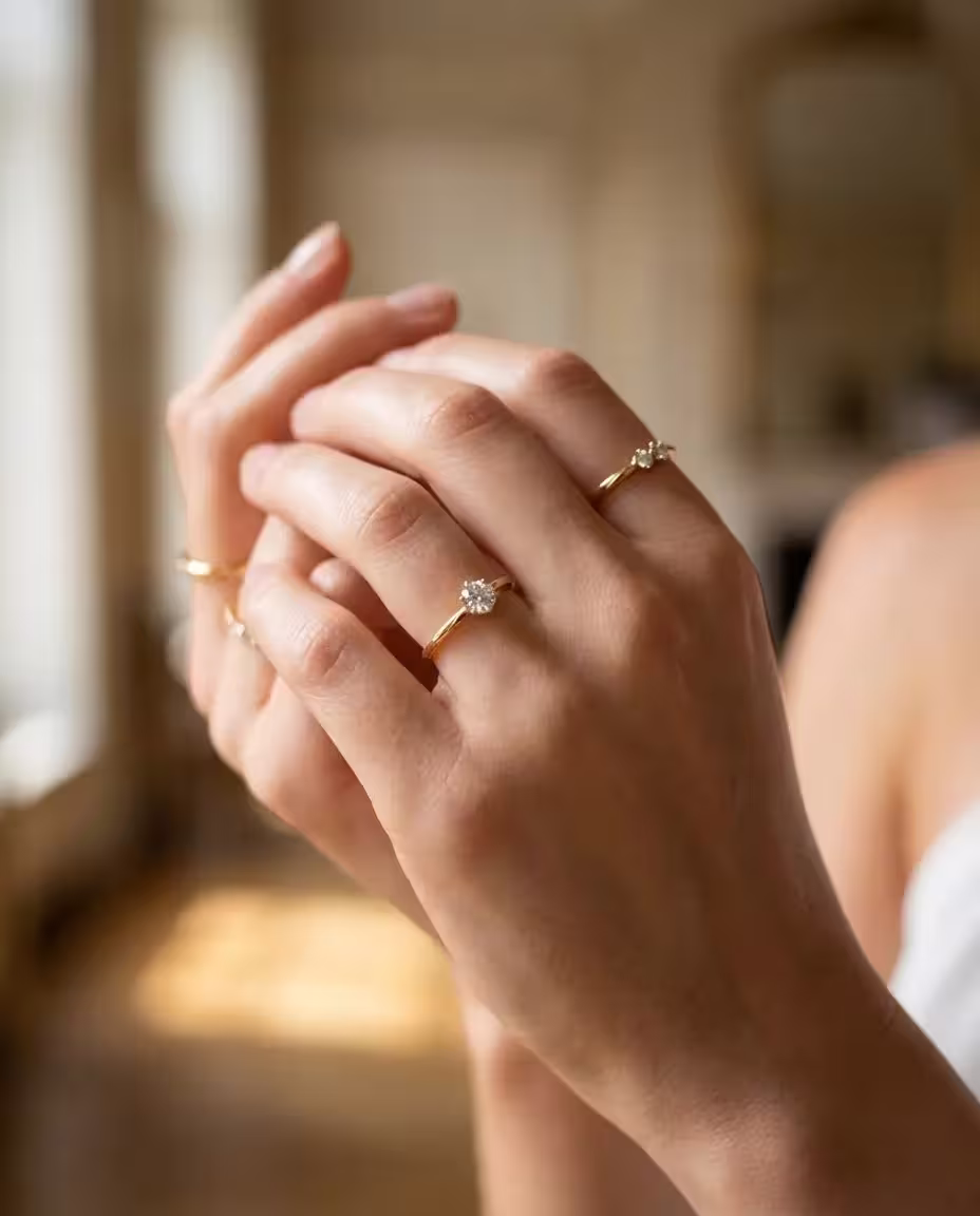 Makroaufnahme gepflegter Frauenhände mit Diamantringen, weiche Haut ohne Haare