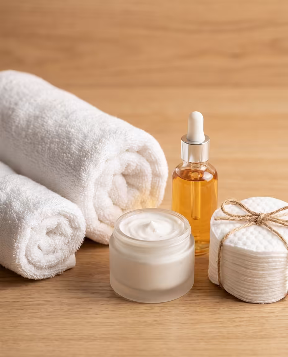 Premium-Konzept für die Pflege nach dem Hollywood Sugaring mit Wattepad, Aftercare-Serum und Lotion