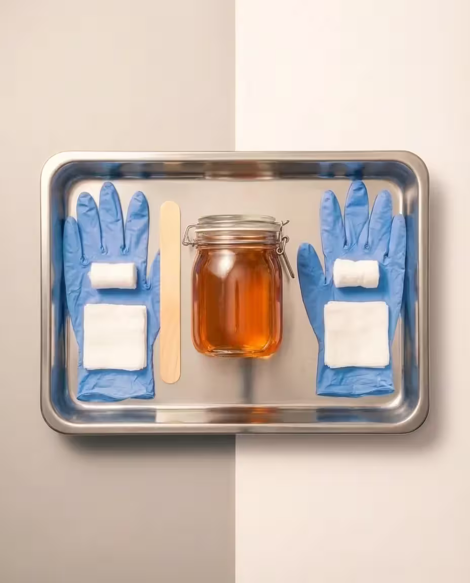 Silbertablett mit Sugaring-Paste, blauen Handschuhen und Wattepads für die Schulterbehandlung